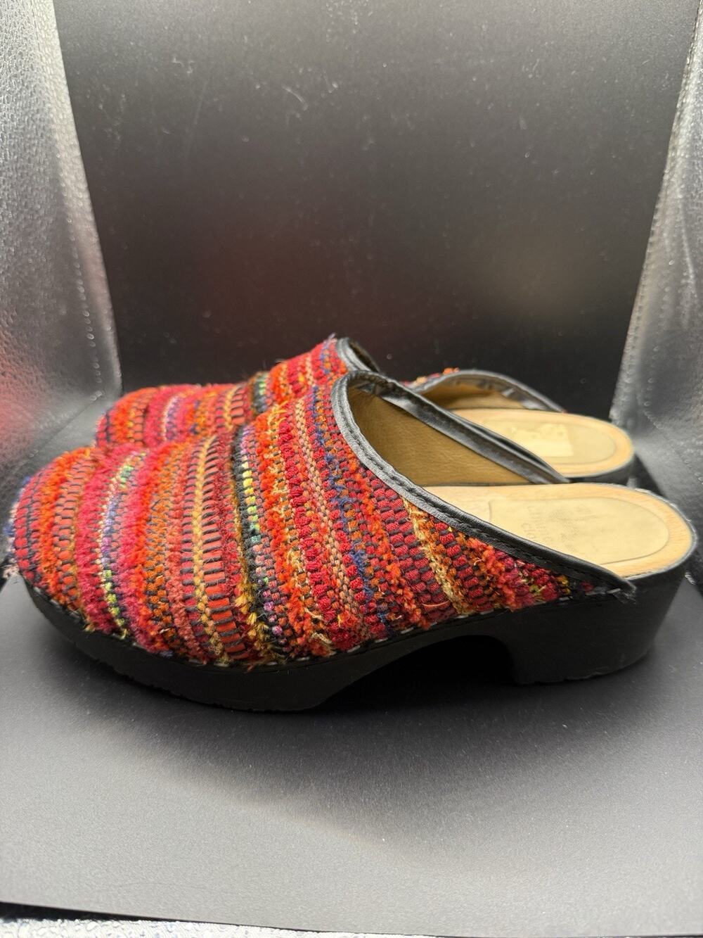 Chameleon Handmade Clogs Size 40 Colorful Textured Fabric Wood Boho Casual Comfy